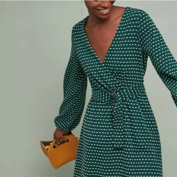 Anthropologie Dresses & Skirts - Anthropologie Maeve Emerald Green Malta Belted Long Sleeve Dress
